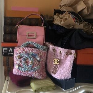 Pink Tweed Chain-Accent Bucket Bag